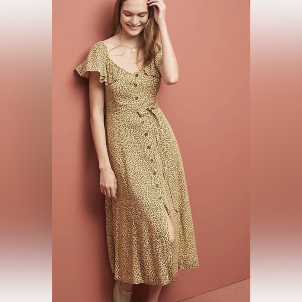 EUC Anthropologie Cream Bolano Cheetah Print Button Down Maxi Dress 2